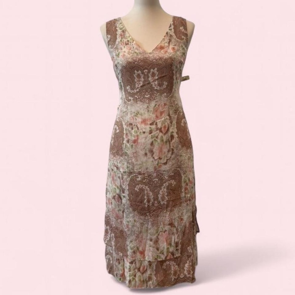 Vintage Carrie Hutton 100% Silk Paisley Floral Midi Dress Tiered Hem Size 12